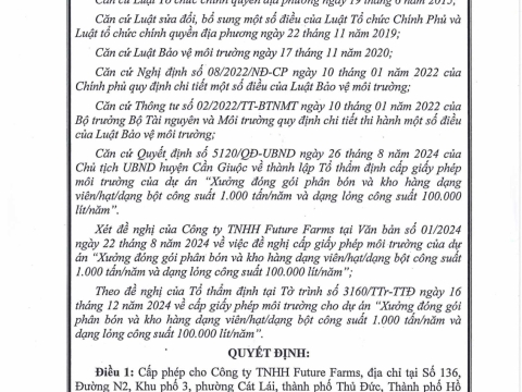 FUTURE FARMS CHÍNH THỨC ĐƯỢC CẤP GIẤY PHÉP MÔI TRƯỜNG